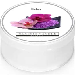 Relaxing & Soothing Aromatherapy Mini Light Candle in a white tin with orchid decoration.