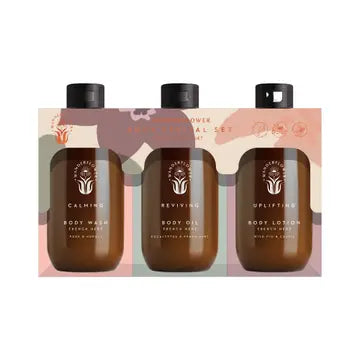 Revival Set with eucalyptus body oil, wild fig lotion, and pear body wash.