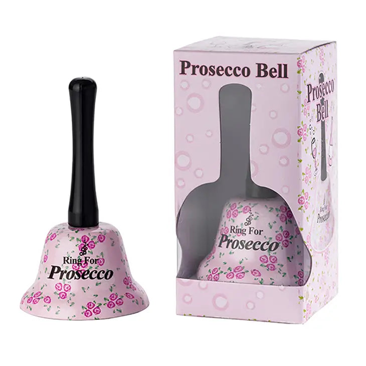 Funny "Ring for Prosecco" hand bell with pink floral design and black handle, box included.
