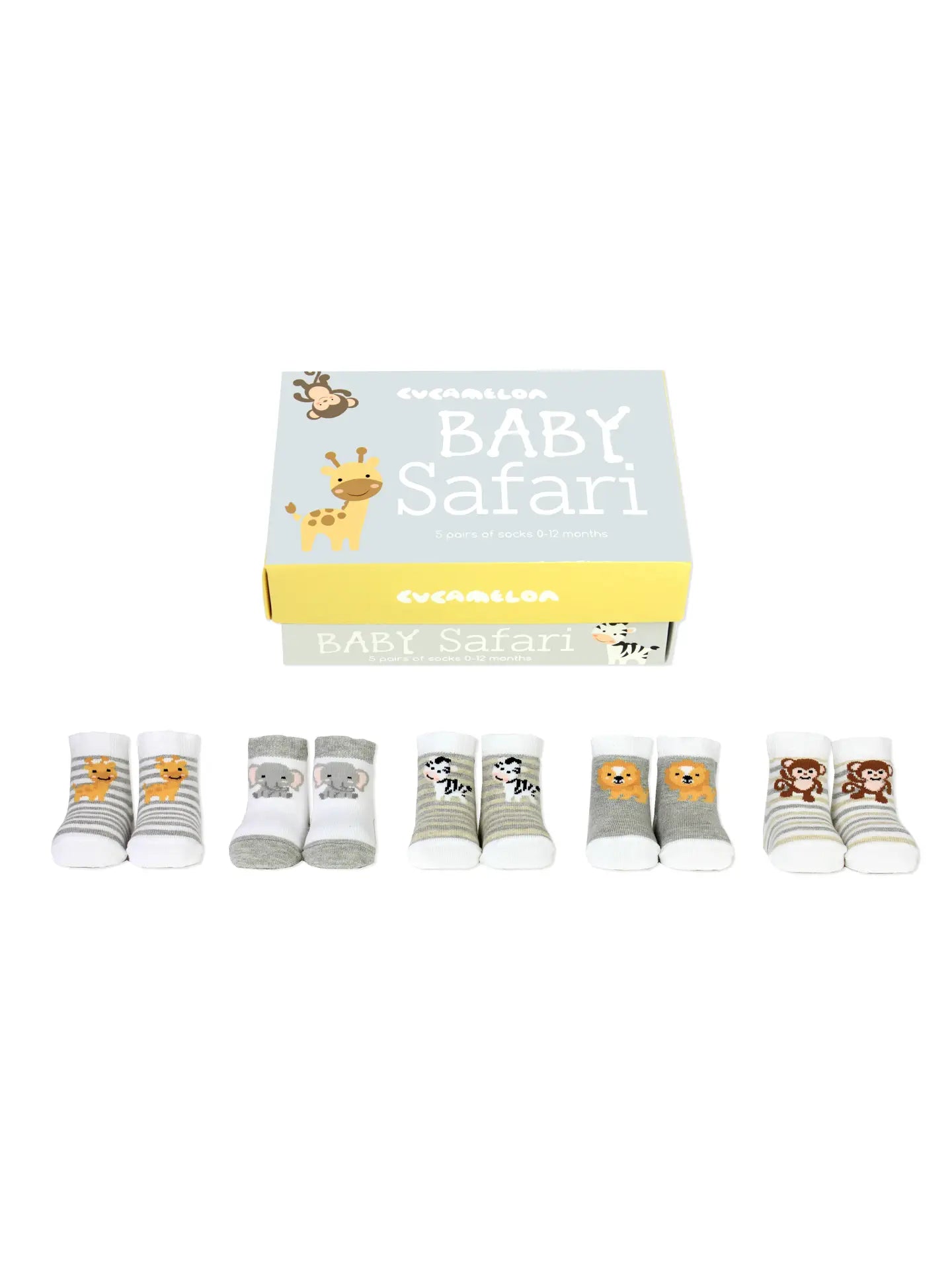 Safari Baby Socks displayed with baby animal designs and a gift box.