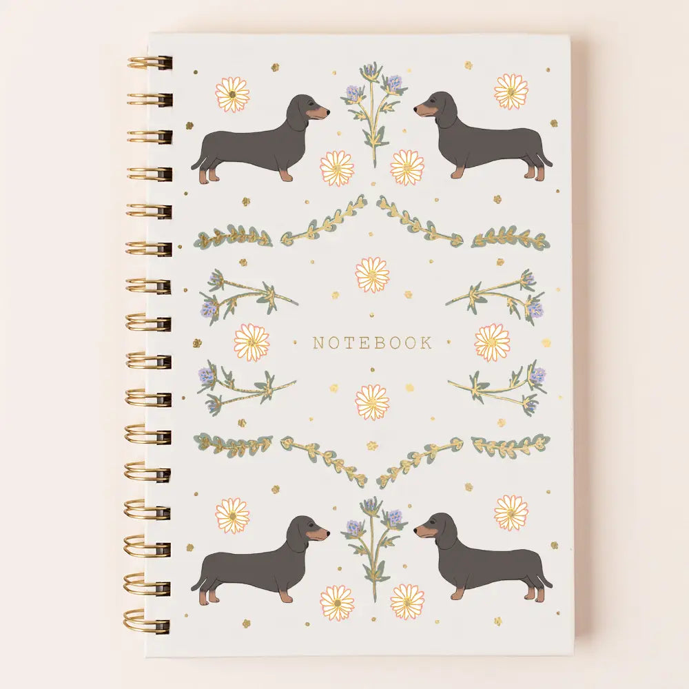 Sausage Dog Notebook Journal with gold foil detailing and illustrated dachshund design.