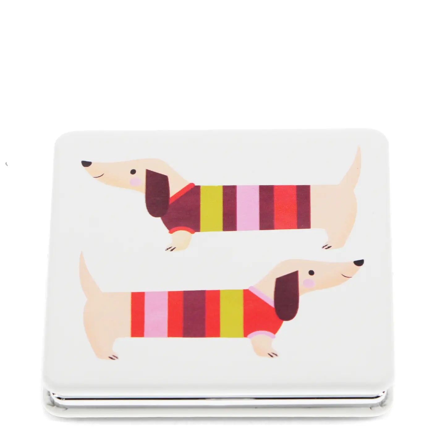 Sausage Dog Square Pocket Mirror with colorful dachshund design on white background.