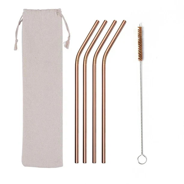 Eco friendly reusable set of 4 stainless steel straws with cleaning brush and organic cotton bag.