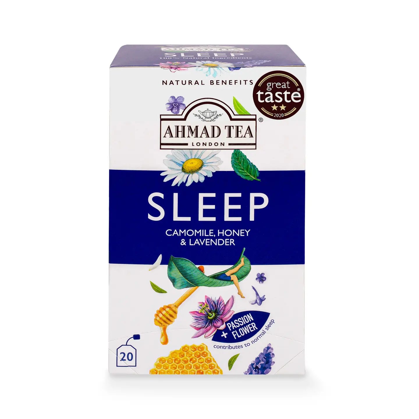 Sleep Tea - Camomile, Honey & Lavender herbal infusion packaging.
