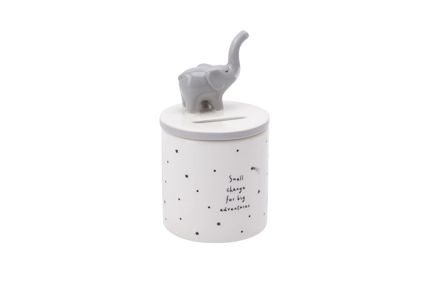 Elephant-themed money pot for small change, with "Small change for big adventures" text.