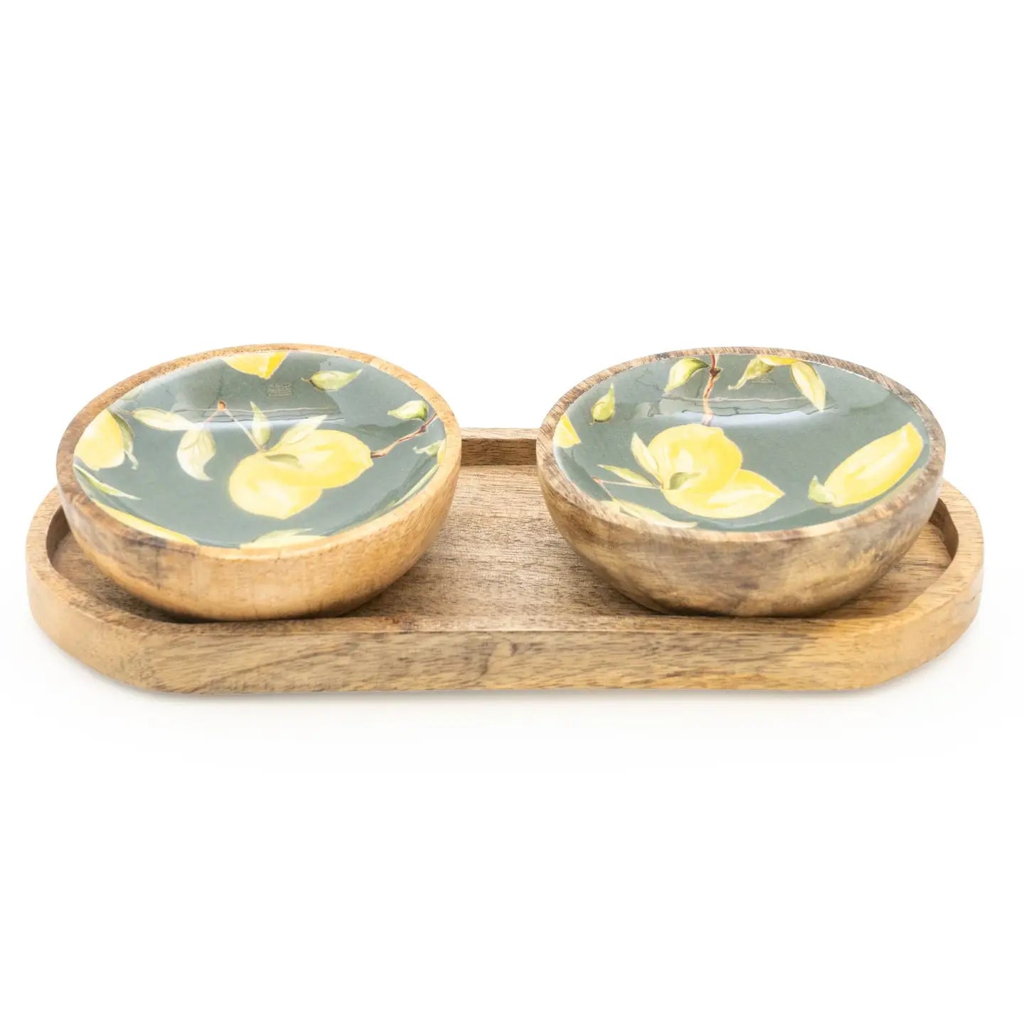 Small mango wood dipping bowls on tray with rustic charm.