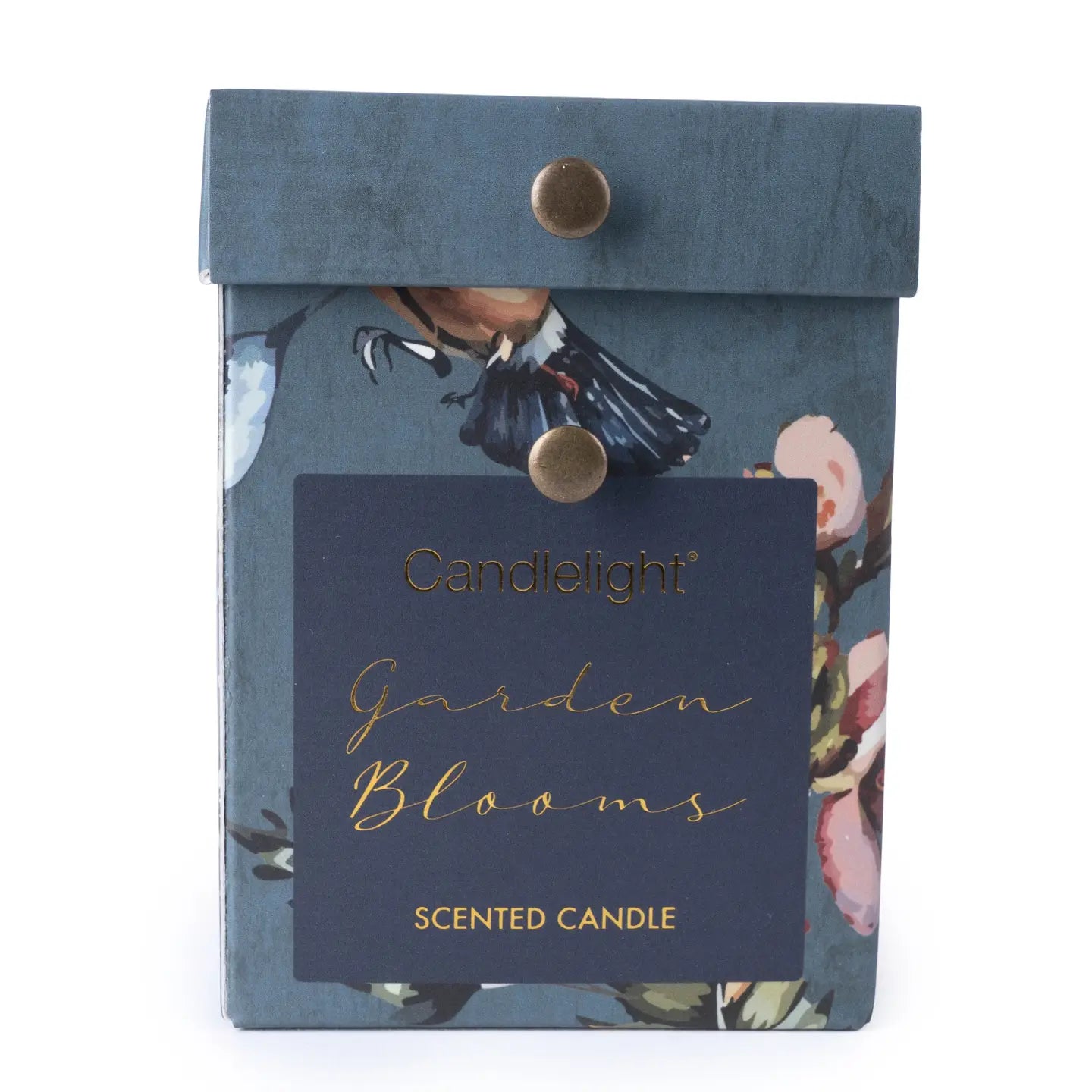 Small Ridged Glass Candle in Garden Blooms Blue with floral fragrance.
