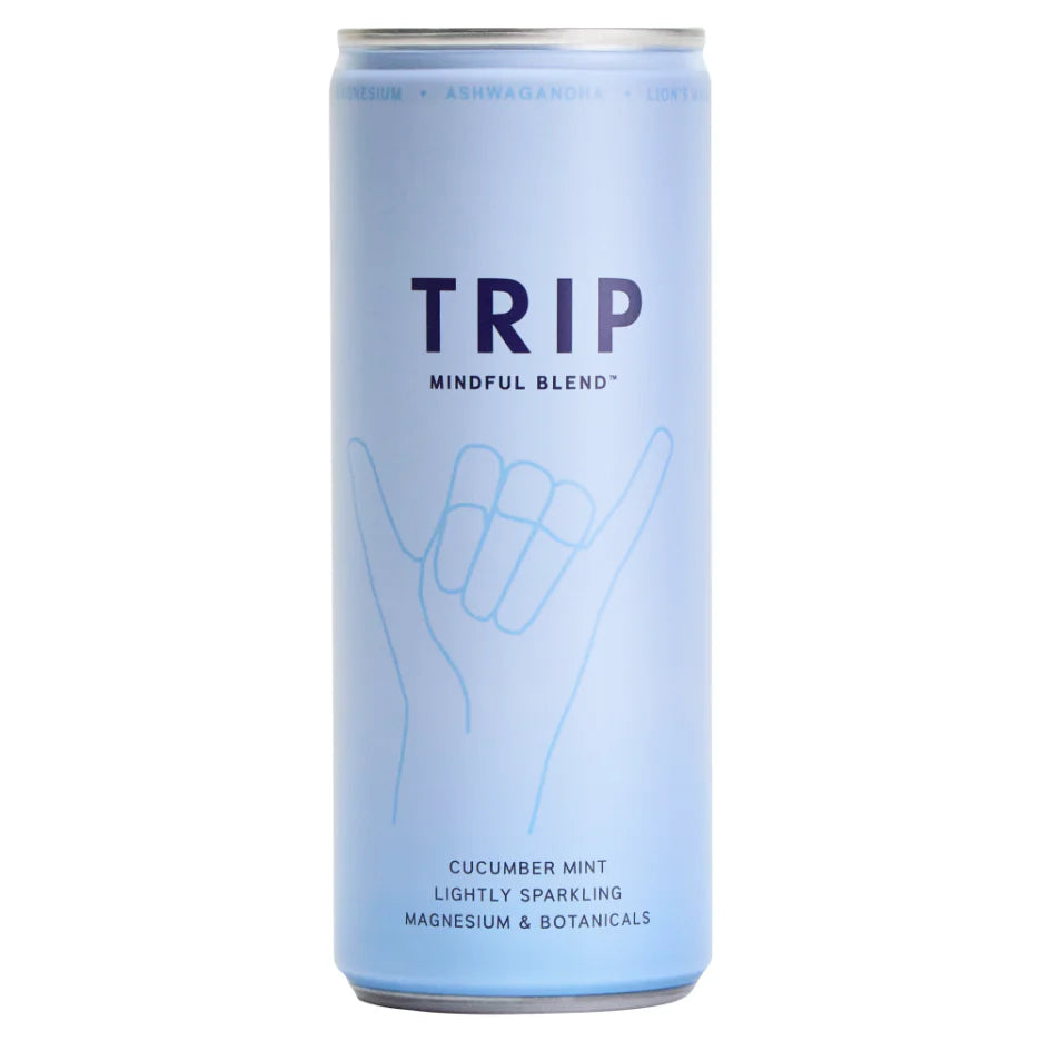TRIP Cucumber & Mint 250ml lightly sparkling drink can with cucumber and mint flavors.