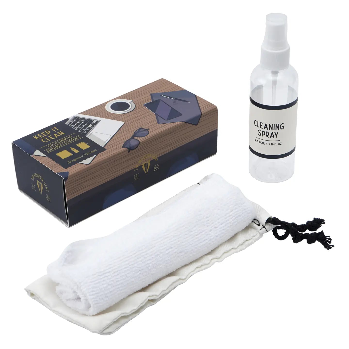 Technology Cleaning Kit with microfibre cloth, cleaning spray, and travel pouch in gift box.