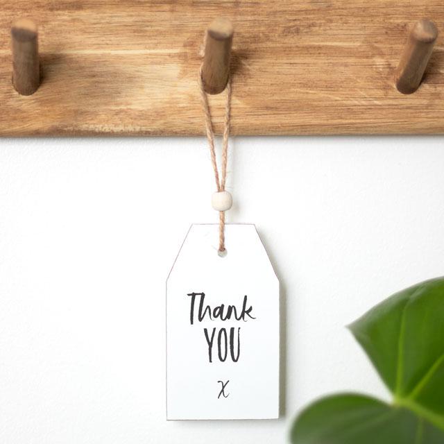 Thank You Hanging Sentiment Sign with wooden bead hanging on hook.