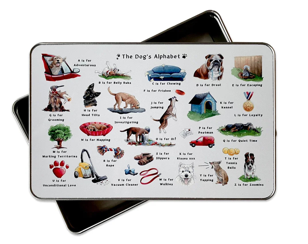 Dog's Alphabet Storage Tin with playful dog-themed illustrations for each letter.