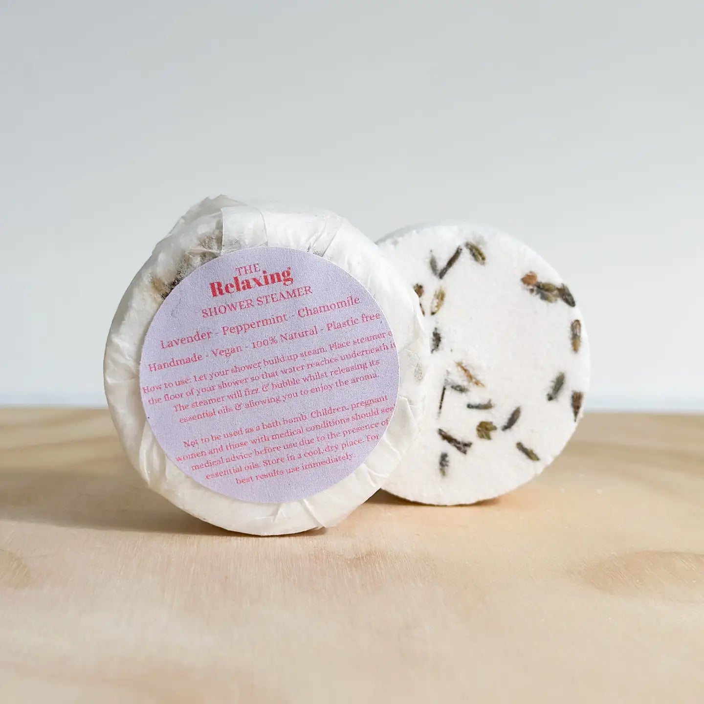 Relaxing Shower Steamer with lavender and chamomile essence.