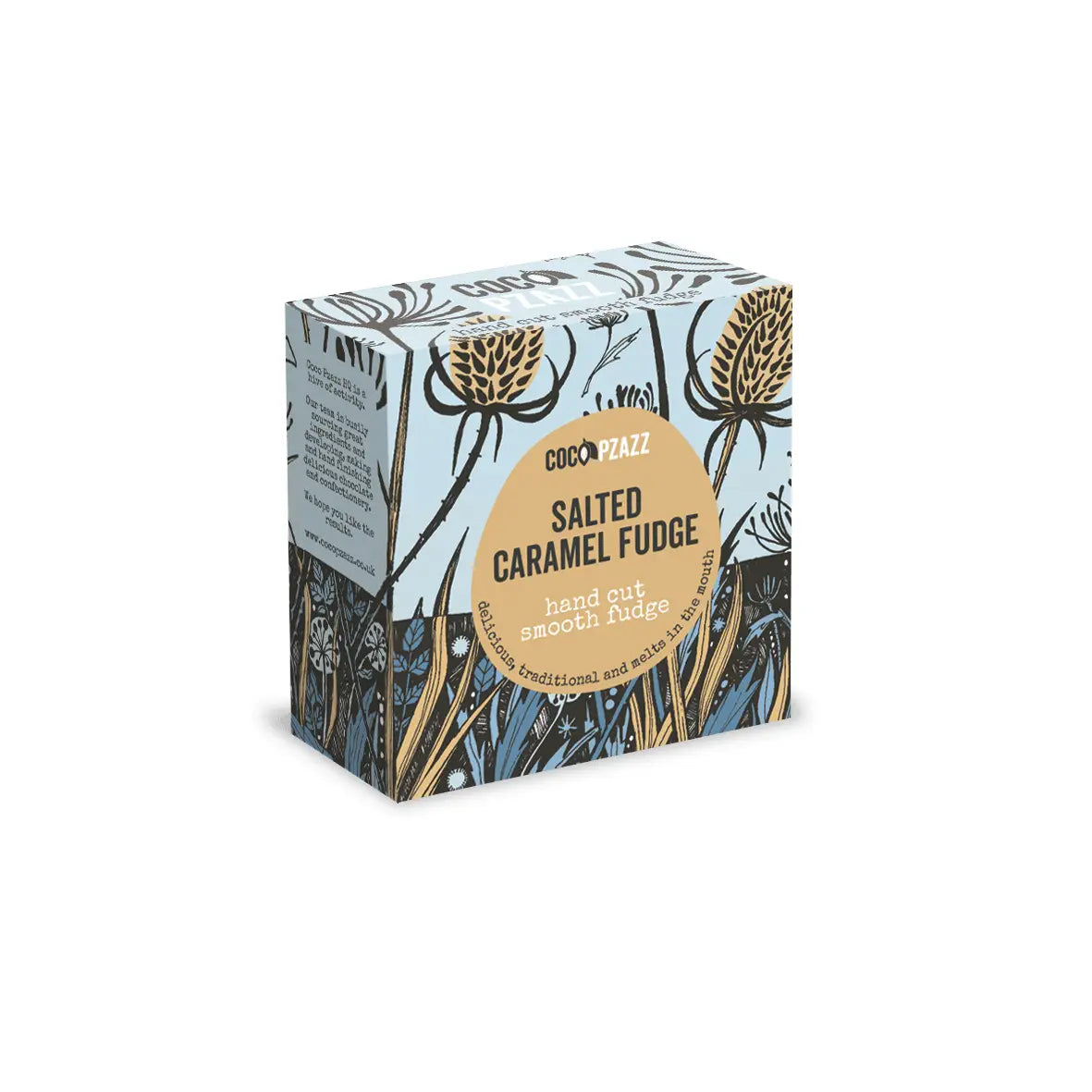 Traditional hand cut salted caramel fudge box with artistic design.