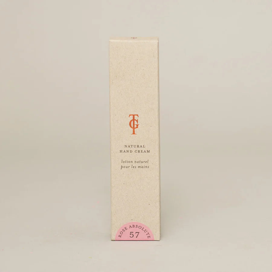 Rose natural hand cream in beige packaging.