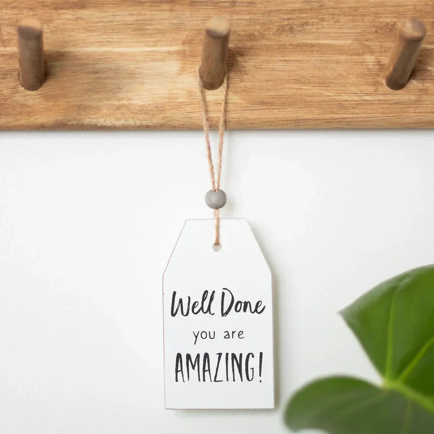 Well Done Hanging Sentiment Sign with inspirational text and wooden bead.