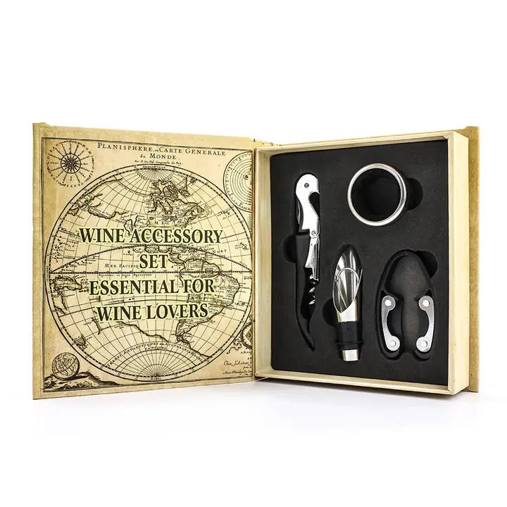 Wine Lovers Bar Set in book-shaped box with corkscrew, bottle opener, foil cutter, knife, wine pourer, and collar.