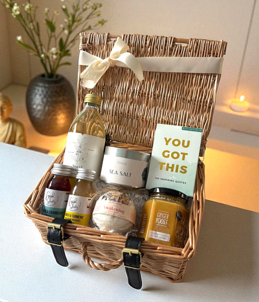 You Got This Wellness Hamper with tea, candle, ginger boost, bath bomb, health shots, and inspiration book – uplifting gift for any occasion.