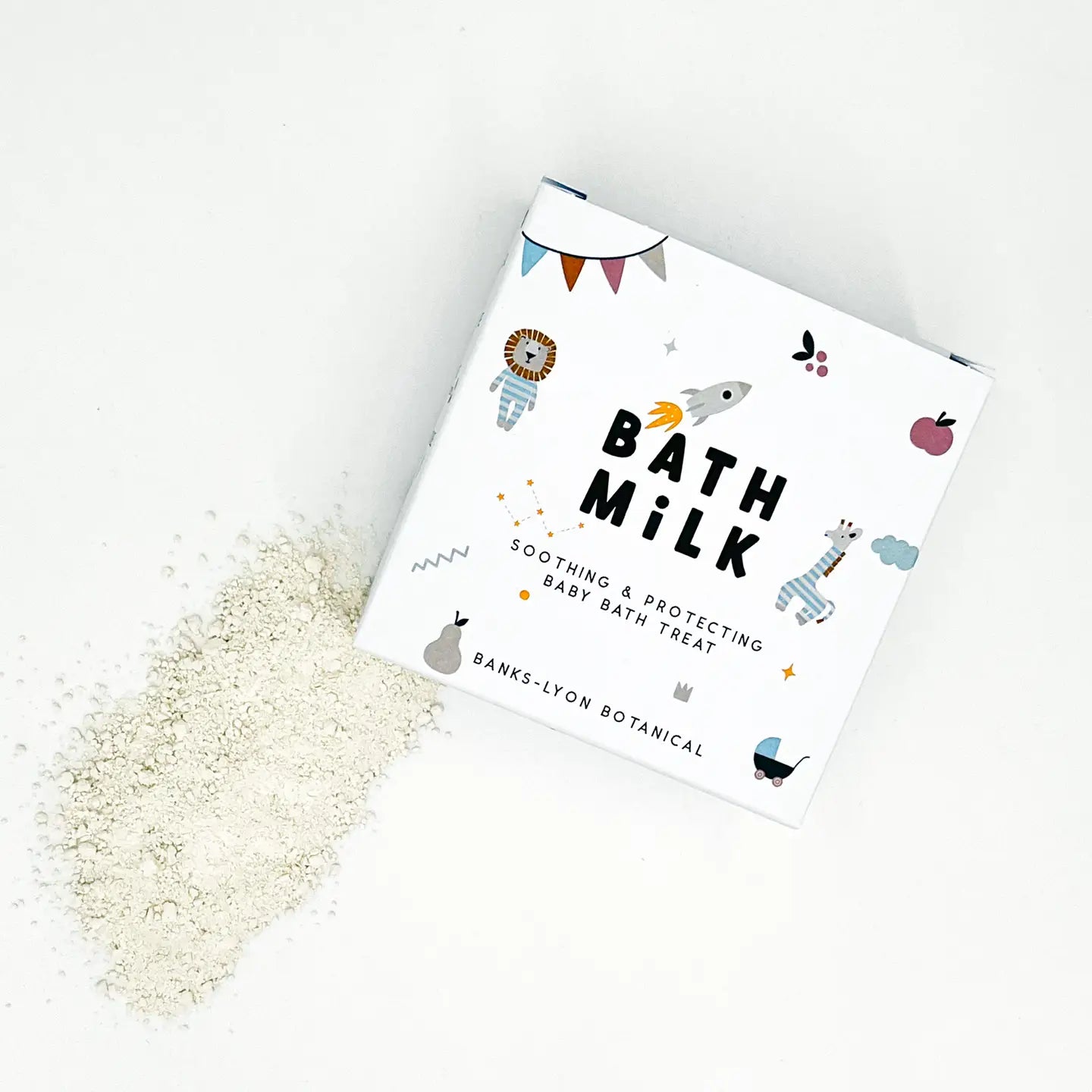 Gentle Baby Bath Milk packaging with spilled bath powder.