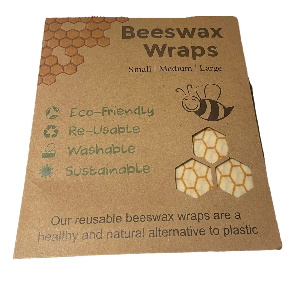 Eco-friendly beeswax wraps packaging highlighting reusable, washable, and sustainable benefits.