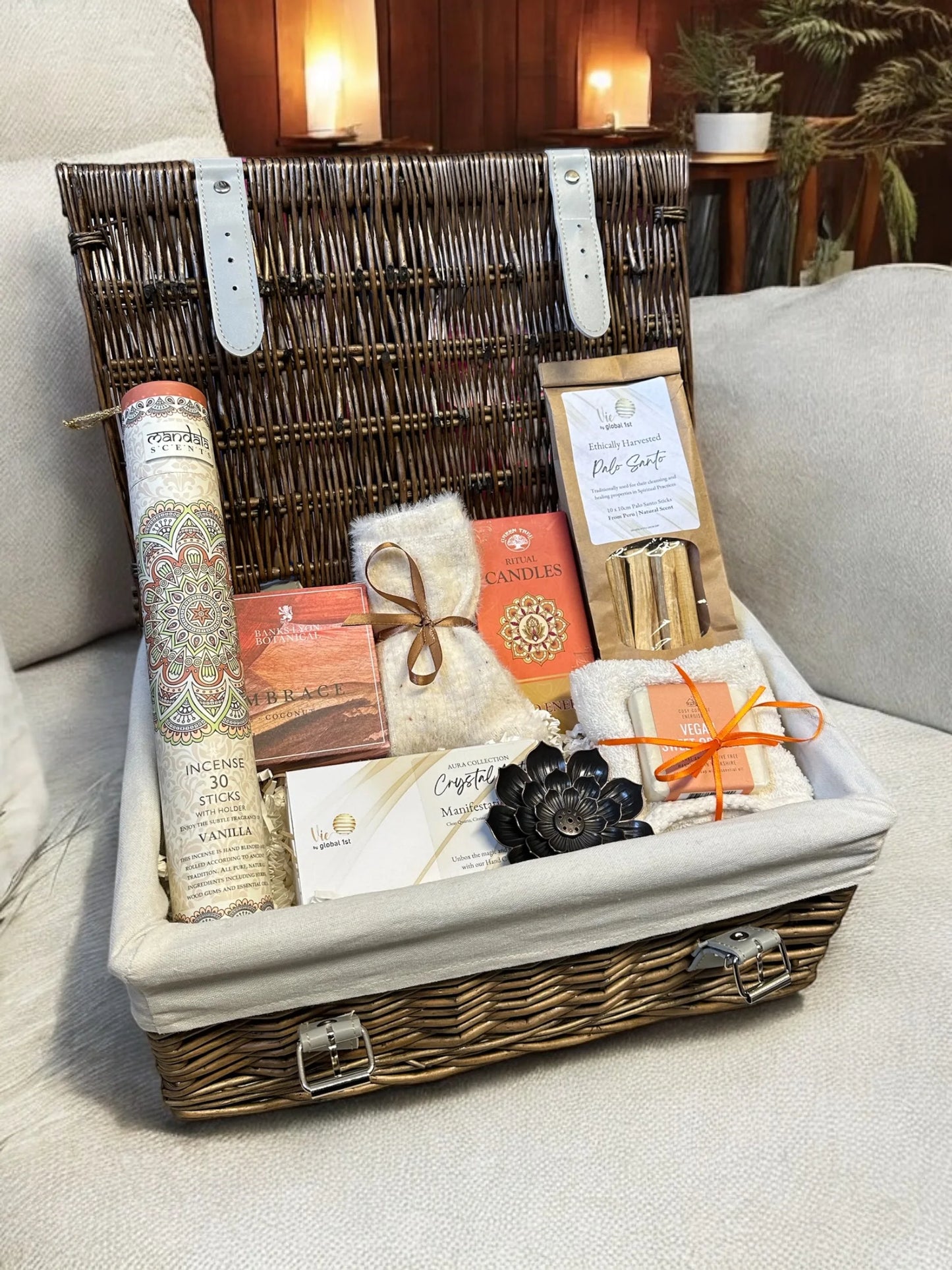 Boho relaxation gift basket with incense, candles, and Palo Santo.