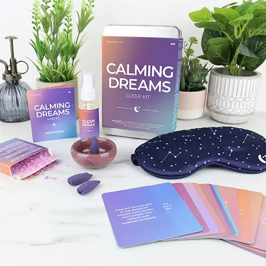 Calming Dreams Sleep Kit with eye mask, sleep spray, and calming essentials for better rest.