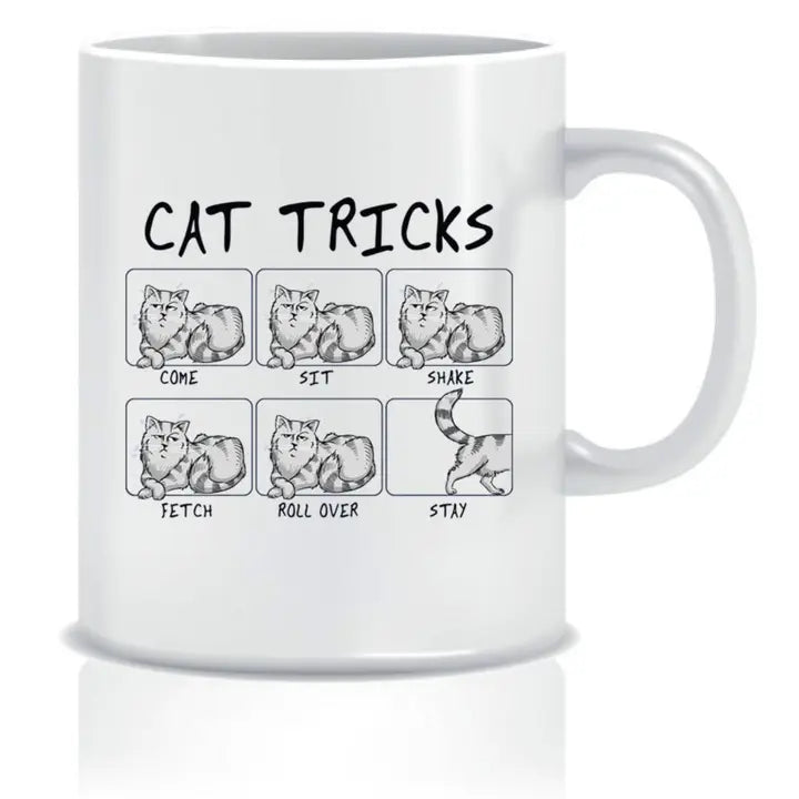 Funny cat tricks mug for cat lovers featuring playful illustrations.