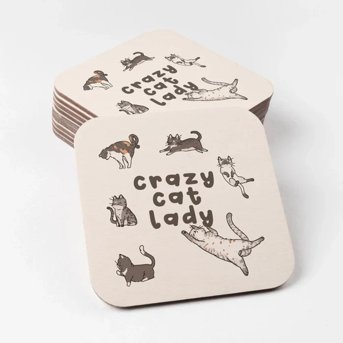 Crazy Cat Lady coasters with cat illustrations.