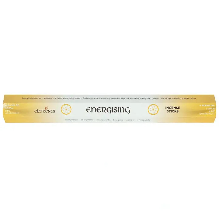 Energising incense sticks with lemon, lime, and grapefruit aroma in yellow packaging.