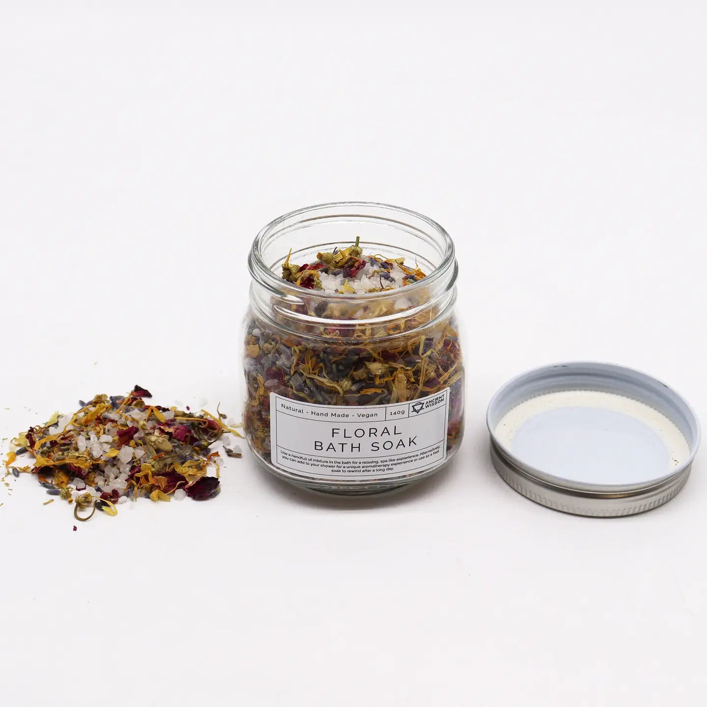 Natural floral bath soak with calming botanical ingredients.