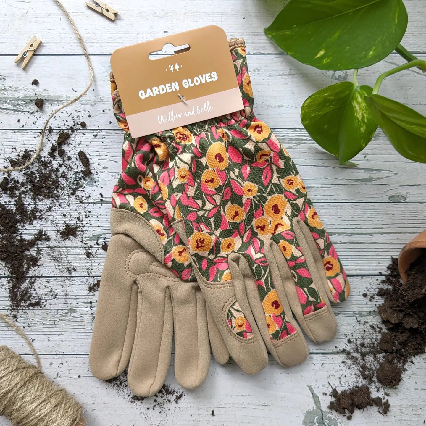 Willow & Belle Gardening Gloves with mustard and pink floral pattern, cushioned palm, and elastic wrist for protection.