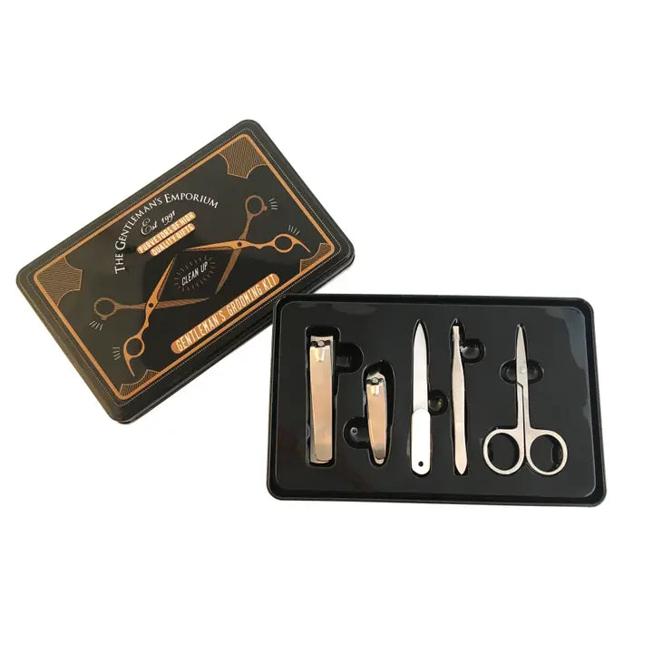 Gentleman's Emporium stylish grooming kit with nail clippers, scissors, tweezers, and file in a keepsake tin.