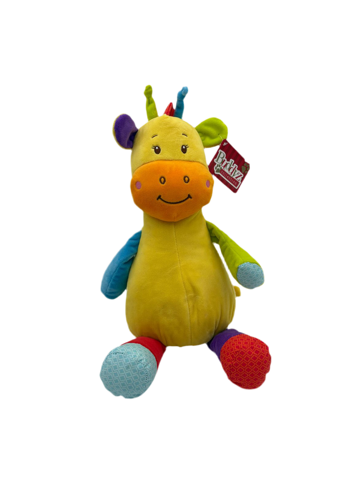 colourful giraffe soft toy with vibrant patterns and a cheerful smile
