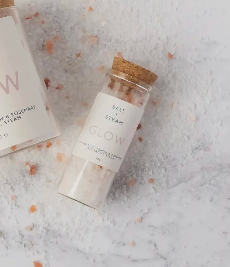 Glow Salt and Steam Facial Steam Test Tube 50g on white surface.