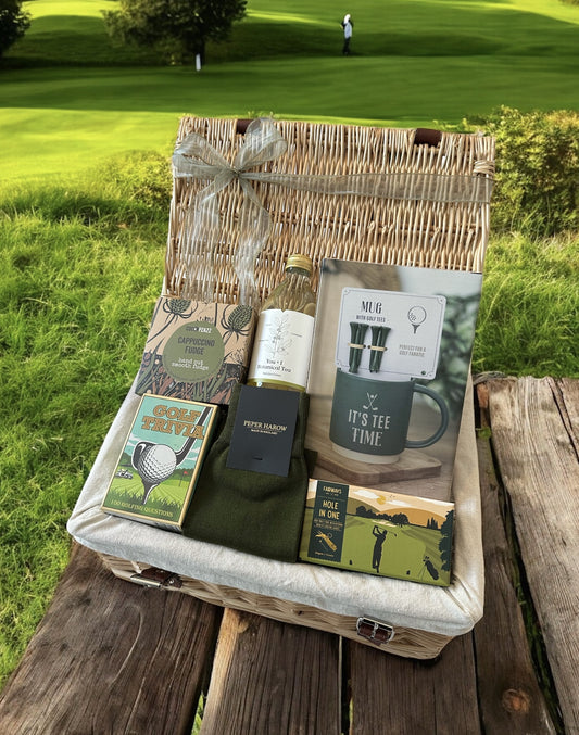 golf lovers gift hamper with golfing items and luxury socks