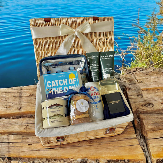 fishing gift with fishing essentials, self care products and treats.
