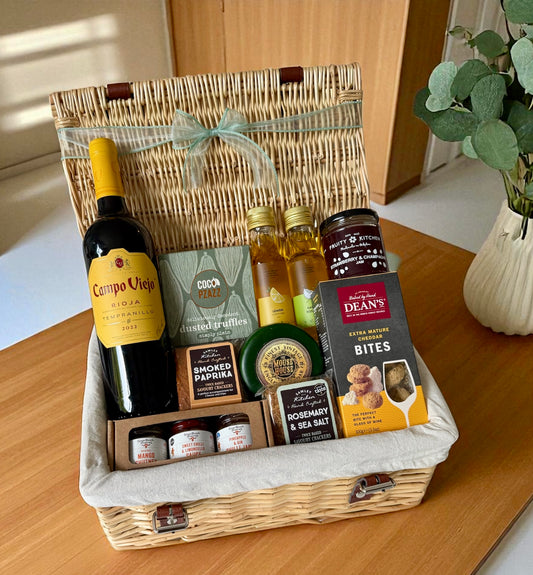 Gourmet Appreciation Hamper with Campo Viejo Rioja, truffles, chutneys, cheese, oils, crackers, and bites – luxury thank-you gift.