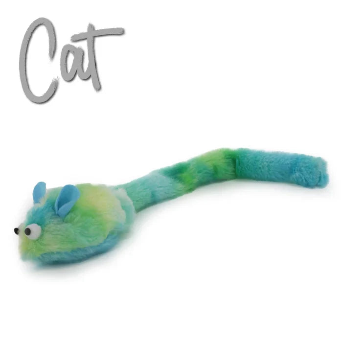 Green fluffy mouse cat toy with long tail for playful entertainment.
