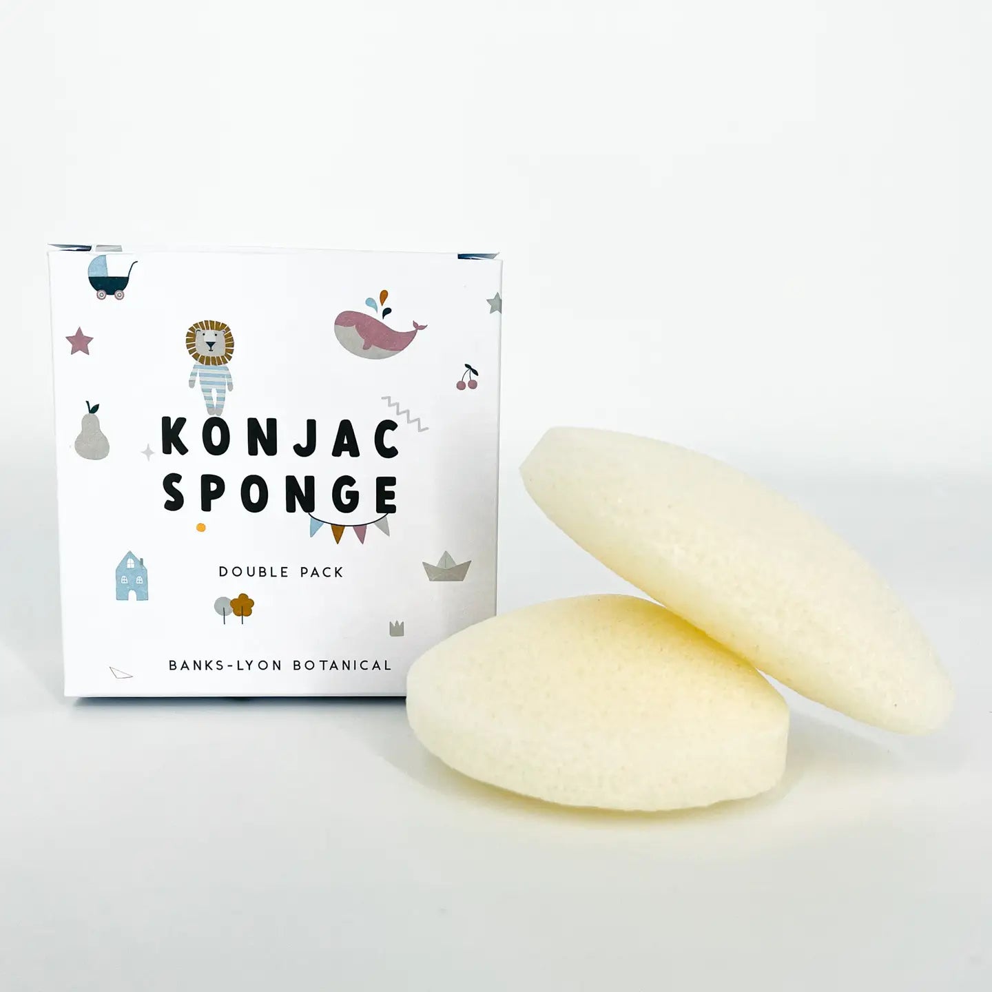 Soft Baby Konjac Sponge Double Pack with packaging in background.