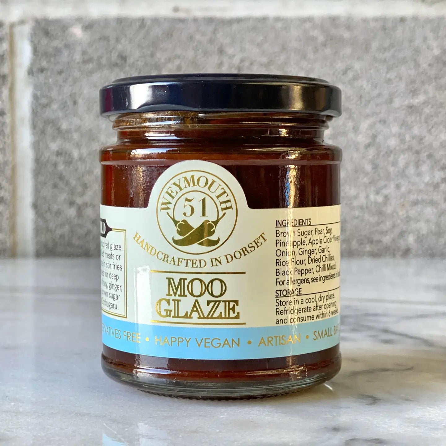 Moo Glaze Vegan Korean BBQ Sauce jar with soy, ginger, garlic, and gochugaru.