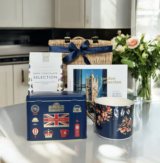 tea, biscuits, chocolates and mug gift hamper selection