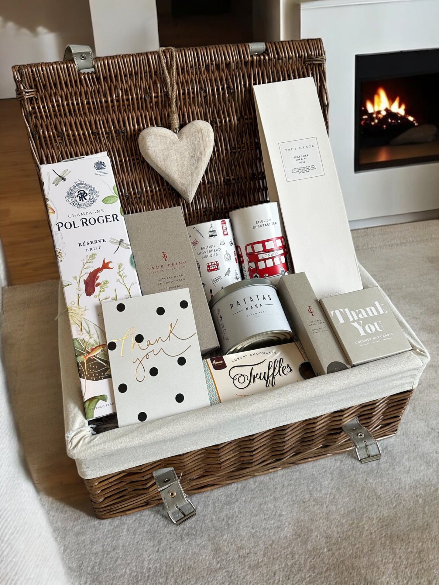 Luxury Thank You Gift Hamper with premium items displayed in a wicker basket.