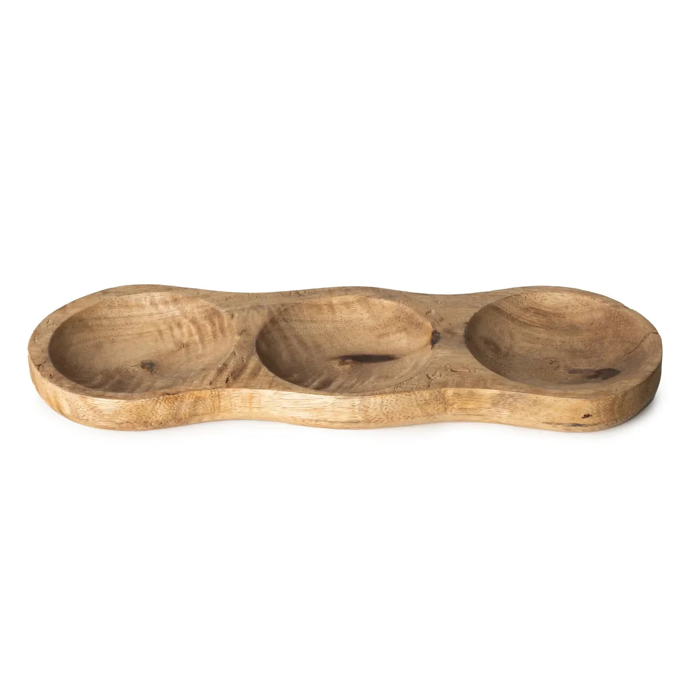 Triple dip dish in handcrafted mango wood with natural grain and warm hues.
