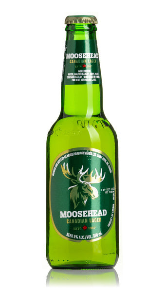 Moosehead Canadian Lager bottle with a green label and moose logo.