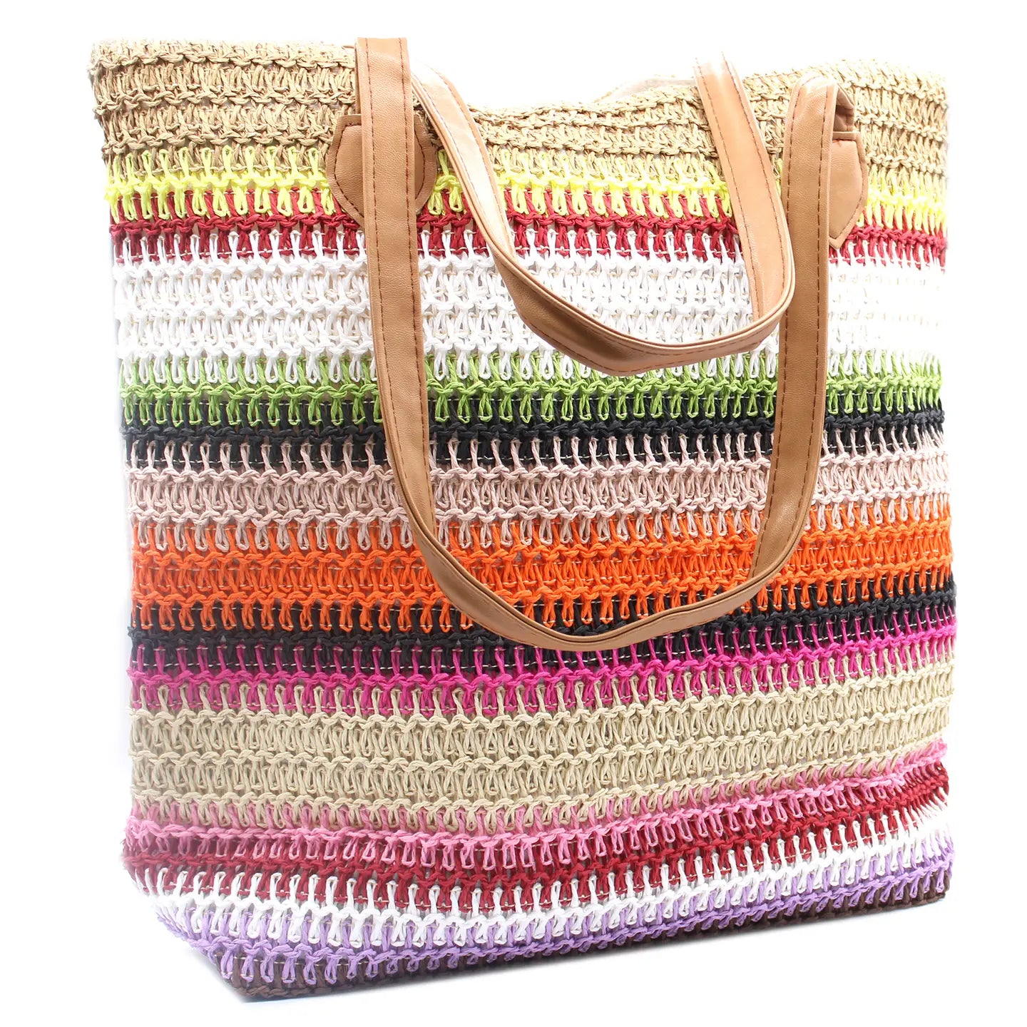 Colorful "Back to the Bazaar" bag with stripes and leather straps.