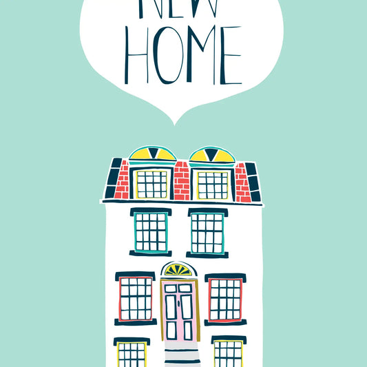 Illustrated new house card with colorful home design and "New Home" text.