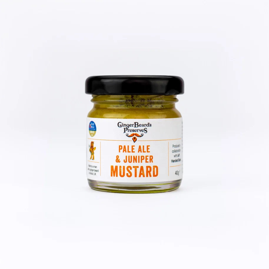 Mini jar of GingerBeard's Preserves Pale Ale & Juniper Mustard condiment.