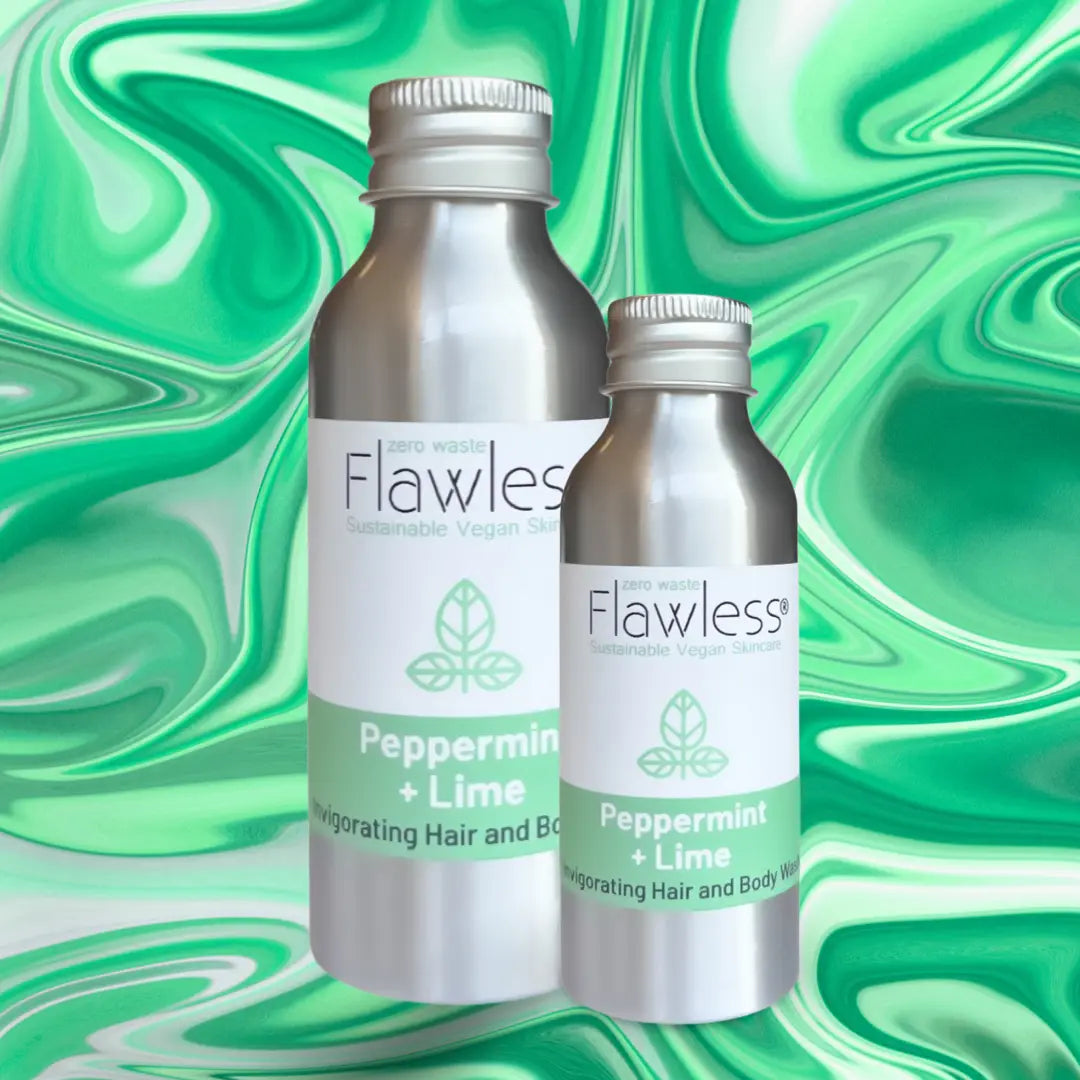 Peppermint & Lime Hair and Body Wash in eco-friendly aluminum bottles.