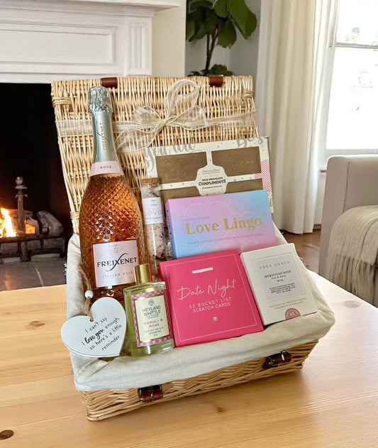 romantic couple love gift hamper with rose prosecco date night love lingo