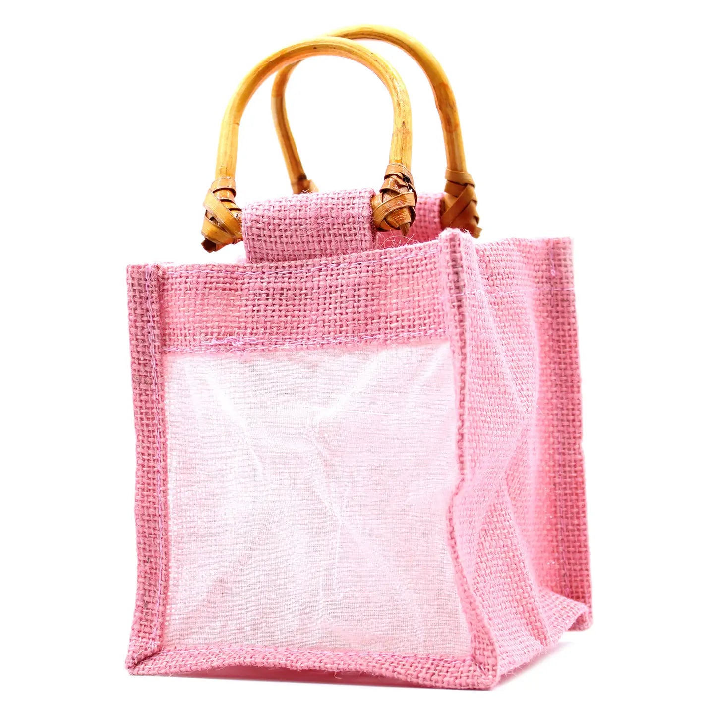 Pretty rose jute and cotton gift bag with bamboo handles.