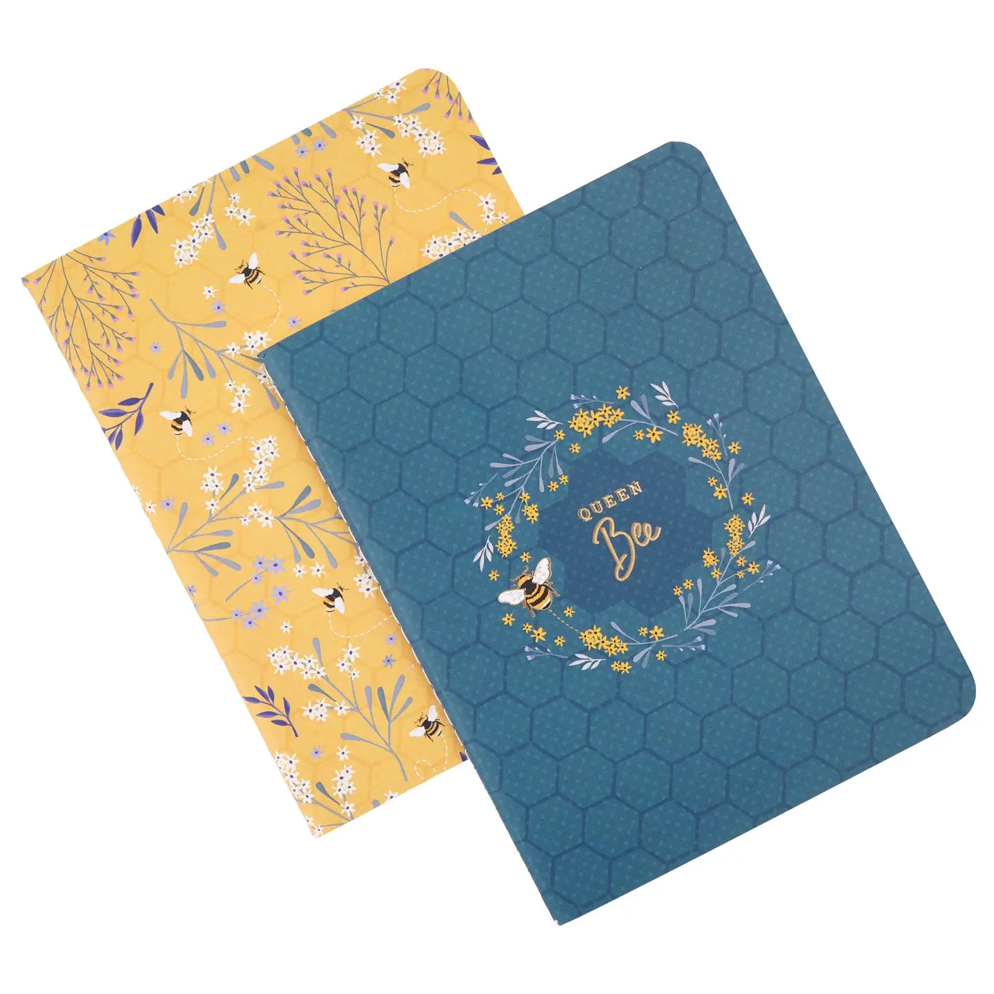 Bee themed notebook set of 2; green 'Queen Bee' and yellow floral bee print.